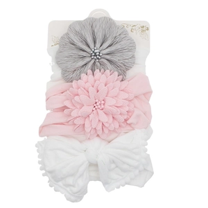 Three-piece baby nylon headband set with grey and pink floral and white bow details