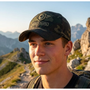 Close-up of jungle camo baseball cap featuring embroidered shield and star logo