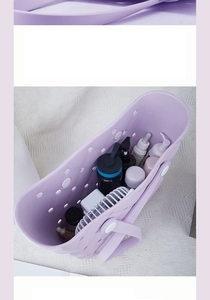 Internal view of purple EVA beach bag showing large capacity for toiletries