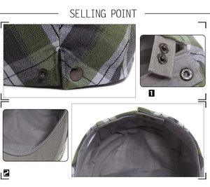 Detail view of plaid beret hat showing fabric texture, metal snap and inner lining