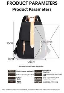 Detail view of Oxford fabric backpack showing 30x26x12cm dimensions and interior capacity