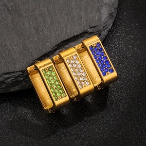 U-shaped gold stainless steel earrings with green, white and blue crystal pavé