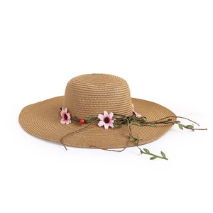 Women Large Wide Brim Paper Straw Hat Floral Decoration Summer Beach Sun Protection Elegant Woven Pastoral Style