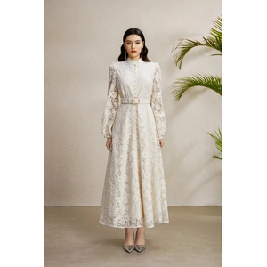 Women Elegant Palace Lace Maxi Dress Long Lantern Sleeve Stand Collar Button Down Swing Dress With Belt