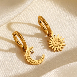 Sun Moon Asymmetric Drop Hoop Earrings Stainless Steel Gold Plated Zircon Celestial Boho Fashion Jewelry For Women
