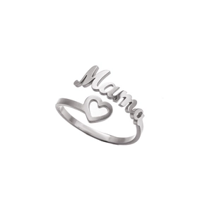 Silver Mama letter ring with heart shape design in adjustable open style for Mother's Day gift