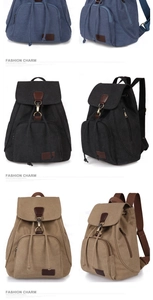 Detailed views of vintage canvas backpacks in blue, black, and khaki with leather trim