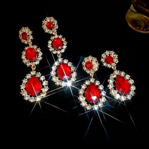 Boucles Oreilles Pendantes Fleur Goutte Eau Rouge Rétro Alliage Strass Avec Tige En Argent Sterling 925 Baroque Élégant Femmes