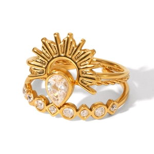 18K gold plated stainless steel ring set featuring teardrop zircon and stackable bands