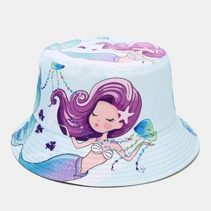 Detail of light blue kids bucket hat with colorful cartoon mermaid and jellyfish print