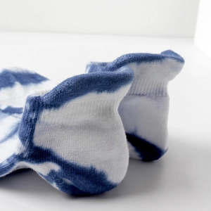 Blue and white tie-dye cotton crew socks with street style skateboard pattern and heel tab