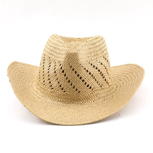 Hollowed-out handwoven straw cowboy hat with a breathable crown and classic wide upturned brim