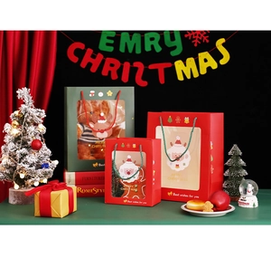 Detailed Christmas gift bags with transparent window and festive cartoon designs