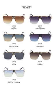 Collection of oversized square sunglasses in seven color lenses with gold metal frames
