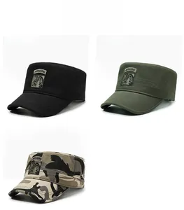 Three colors of cadet caps in black, army green, and camo with Airborne horse embroidery