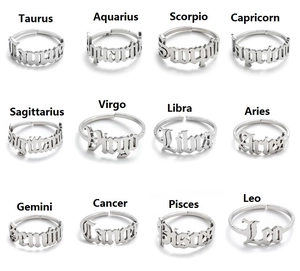 Matrix layout of stainless steel zodiac rings featuring gothic hollowed-out lettering