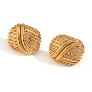 Vintage 18K gold-plated stainless steel stud earrings with textured twist design
