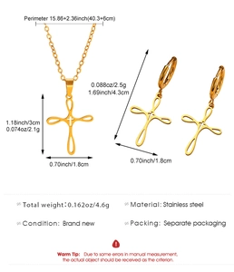 Detailed size specifications for gold stainless steel cross necklace and earrings set