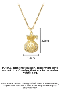 Detail view of gold money bag pendant necklace with dimensions 3.1x1.9cm and 40+5cm chain