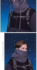 Detail of gray fleece hood with windproof face mask and adjustable drawstring neck warmer