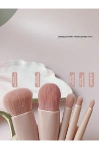 Detailed view of 5 soft pink travel makeup brushes with mirror case for daily beauty routine