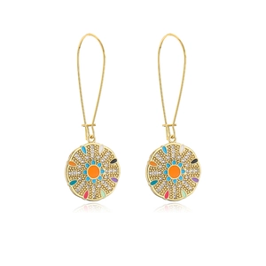 Bohemian 18K gold plated drop earrings with colorful enamel flowers and zircons