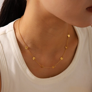 Hammered Round Disc Necklace 18K Gold Plated Stainless Steel Minimalist INS Style Clavicle Chain For Women