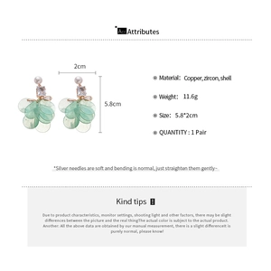 Detailed view of green flower tassel earrings with shell and zircon stone dimensions