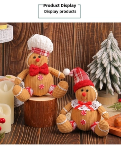 Close-up of plush gingerbread man figurines in corduroy for Christmas decor