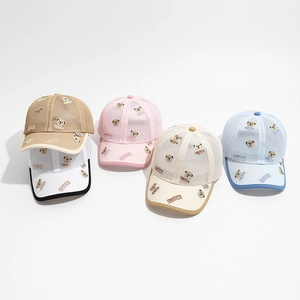 Breathable mesh kids baseball caps with bear embroidery in five assorted pastel colors