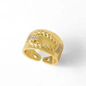 Golden woven knot open ring with double-row zircon inlay and vintage metallic texture