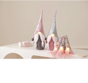 Detail of pink and grey glowing Christmas gnomes with LED lights on a white display