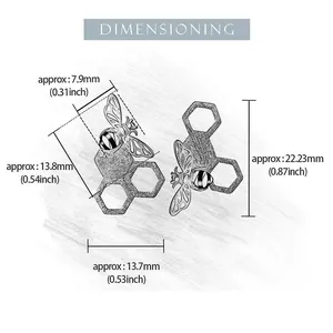 Detailed size chart of handmade S925 silver honeycomb bee earrings with dimensions