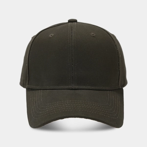 Front view of dark grey structured twill cotton baseball cap with neat stitching