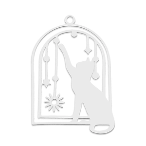 Close-up of stainless steel hollow cat pendant with sun and moon celestial details