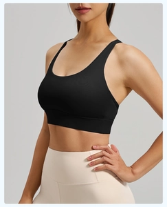 Side view of black high-impact sports bra with wide straps and mesh panels for fitness