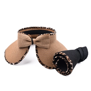 Foldable straw sun visor hat with leopard bow detail in natural and black color