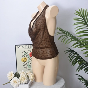 Detail view of coffee brown cowl neck sequin top with translucent mesh fabric