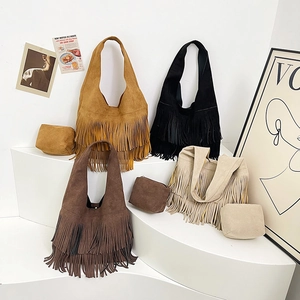 Bohemian suede tote bags with long tassels in four colors and matching inner pouches