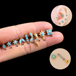 Stainless Steel Copper Zirconia Faux Turquoise Ear Cartilage Stud Bohemian Piercing Jewelry Screw Ball Back For Women