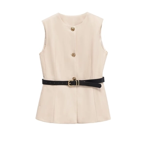 Women's chic beige sleeveless vest with gold buttons and black waist belt