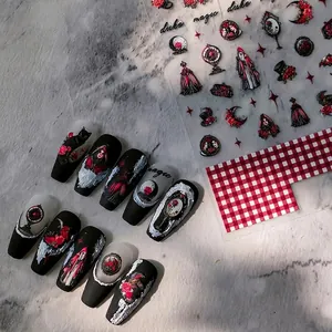 Stickers Nail Art Relief 5D Style Gothique Sombre Rose Rouge Chat Noir Miroir Magique Décalcomanies Manucure PET