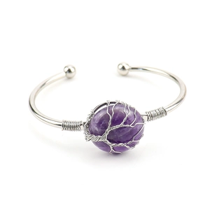 Handmade silver wire-wrapped tree of life purple amethyst round stone cuff bangle