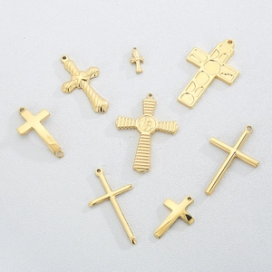 Set of eight assorted gold stainless steel cross pendants in hip hop punk style
