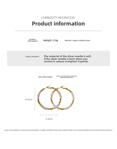 Detail view of 4.4cm large pearl hoop earrings with silver needles and 5.9g weight