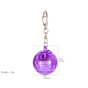 Detailed size and weight view of purple disco ball keychain with metal hook