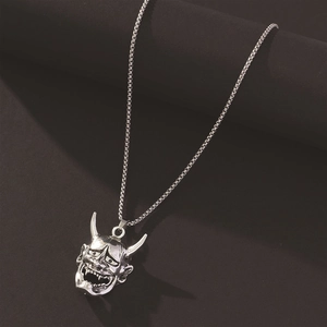Japanese Hannya mask pendant necklace in silver alloy for men and women on dark background