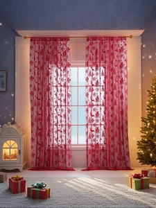 Rideau de Noël en dentelle avec motifs Père Noël et rennes dans un rouge festif élégant