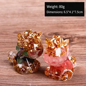 Unicorn resin crystal statues with gold foil and natural stones for desk decor