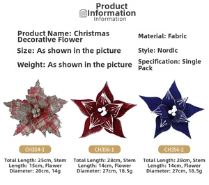 Three styles of velvet Christmas flowers with white trim and grid patterns on stems
